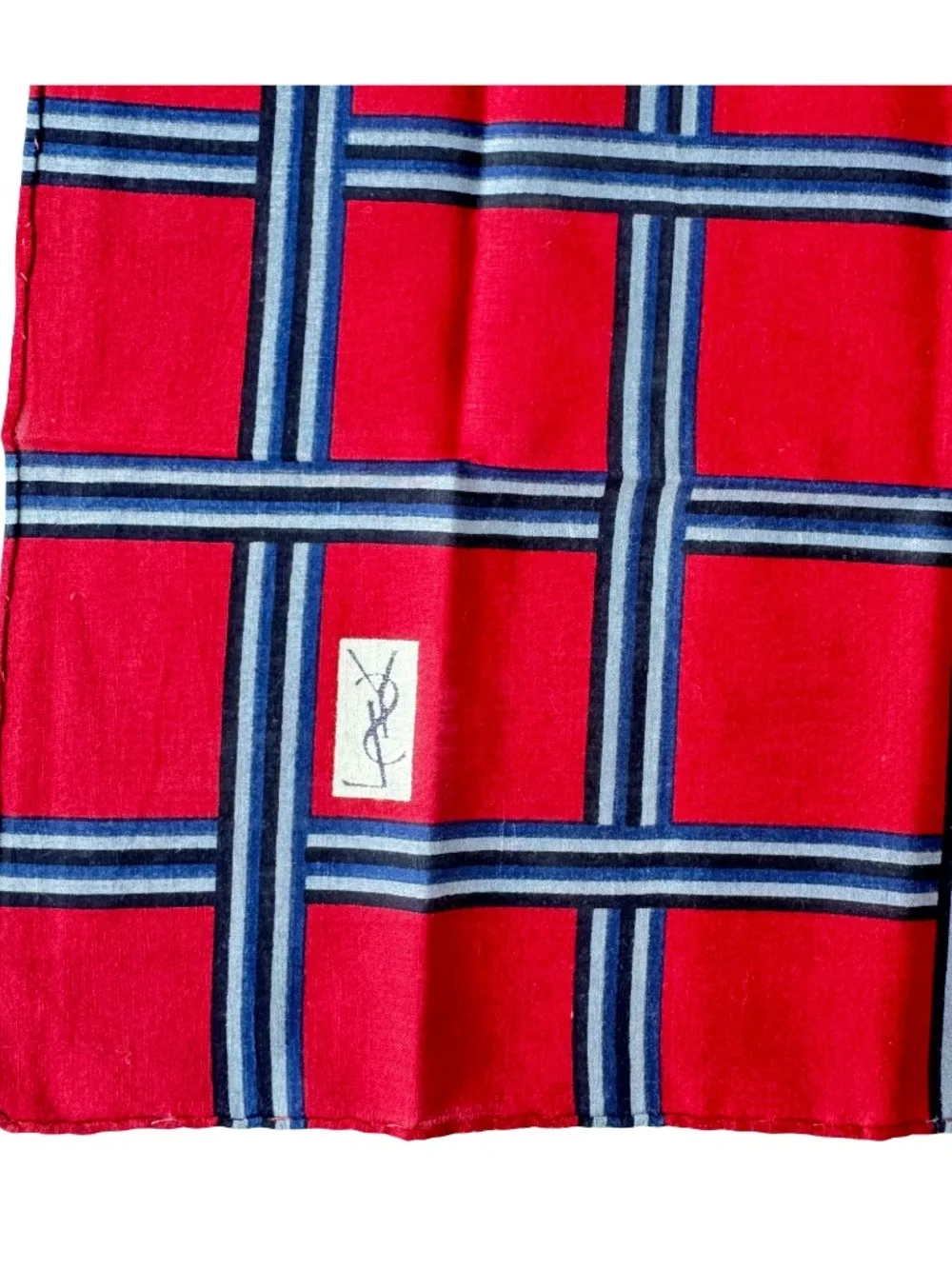 Vintage Yves Saint Laurent Plaid Scarf Red Blue Check Neckerchief Pocket Square